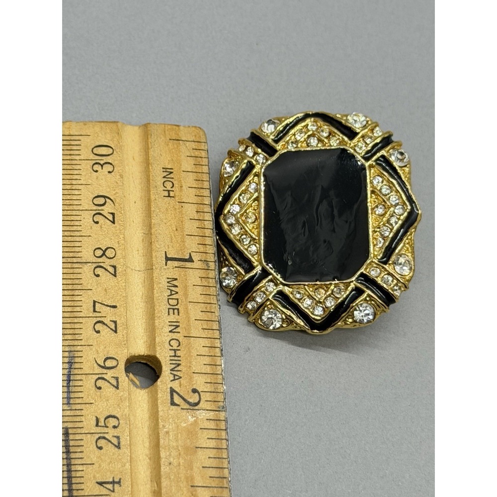 Vintage Gold‎ Tone Black Enamel Center Clear Rhinestone Panel Design Clip On - Picture 4 of 11